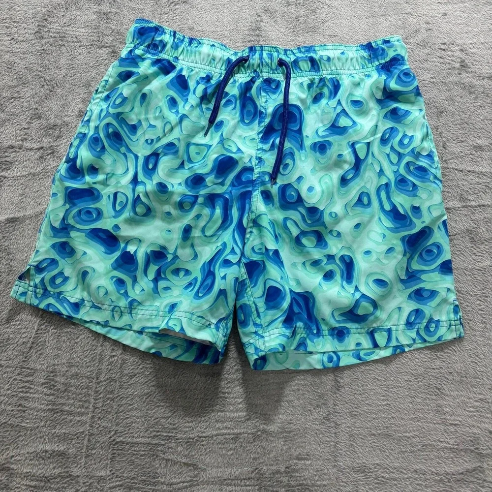 George M Blue Green Abstract Swirl Print Swim Trunks Shorts Casual Beachwear‎